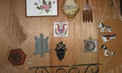 ]INTERESTING collection of items for wall arrangements, individually as indicated, or all for $30.
...Wrought iron flat ribbon curlique 21" long, 5" high may be hung with either side up - $7
......Hand painted lovely abstract rose in oils on metal,