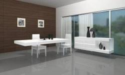 Rectangular dining table with white lacquer finish covered by a glass top, and white legs. This dining table is an easy fit to any dining room/kitchen environment. Perfect fit with the DC13 Dining Chairs, this Dining Set offers a contemporary approach in