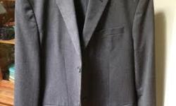 Selling my son's suit, worn once to a wedding in March. It's a dark-gray Banana Republic, looks gorgeous on. The jacket is size 44 Long. The slacks are 35 waist, 34 length. Just had it dry-cleaned, so it's ready to step out. Call, email or text if you