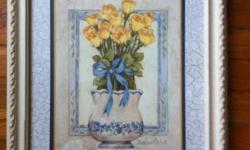 hese are very beautiful, Two 16 by 18 inch, print of yellow roses with a blue ribbon. in a white and blue vase. As well as a 25 by 29 inch Floral print with yellow tulips, yellow roses & blue hydrangea. The colors are soft but the yellow roses and blue