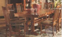 Bassett Grove Park Mission Craftsman Style Dining Room Set for sale. Excellent Condition, includes:
* Dining room table with two extension leaves and custom table pads.
* Two Arm Chairs
* Four Side Chairs
* Lighted China Cabinet