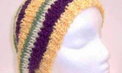This beanie beret is knitted in stripes of yellow, purple white and green. A nice soft acrylic yarn. Completely hand knitted. The measurements are laying flat on a table. Across the brim or ribbing = 9 1/2 inches, very stretchy, will fit any head, will