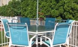 Outdoor Set Includes:
* 5' Octagon Dining Glass Table
* (6) Bar Height Swivel Sling back Chairs
* (1) Teal Umbrella with White Base
* 32" Bistro Glass Table
* (2) Sling back Teal Chairs
Location: Eastchester, NY (Pick-up only)
* Bonus: (1) Teal Lounge