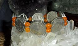 Beautiful American Buffalo Nickel Indian Bracelet with Orange Jade Beads-The Bracelet has 7 coins in Front and has 7 inside Bracelet. Coins are Authentic and Dates in Front of Bracelet are 1926-P, 1927-P, 1928-P, 1929-P and the inside dates are 1935-P,