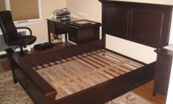 This bedroom set is approximately two years old and includes an adult Hudson queen sized bed, two Hudson 4-Drawer bedside tables and an armoire..... Nice condition, adult owned...it has a few nicks and scratches which can easily be touched up/repaired.