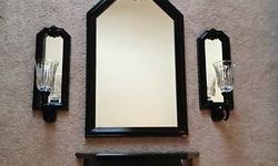 Home Interior Black Molded Resin 6 piece set includes mirror, shelf, 2 sconces & 2 votive cups, used but in excellent condition, we no longer have a place on our wall for them. we are asking $25.00 783-2014 voice or text. (NO EMAILS PLEASE)