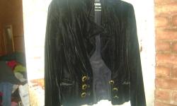 high end black velvet vintage blazer/jacket, from NYC Boutique, years ago, this jacket is trimmed with "JET" golass on both cuffs and as fasteners on the front....jet was usually only used for jewelry back in the 20's through fifties...so this is very