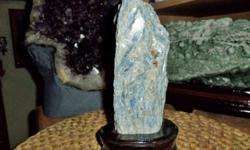 BLUE KYANITE SPECIMEN ON WOOD BASE. KYANITE Deep Blue Gem & Quartz Crystal CLUSTER-A astounding Towering Upright, this Spectacular Display Cluster is a Marvelous Combination of Deep Gemmy Blue Kyanite Blades on White Clear Quartz Crystal, Each View Shows
