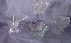 Gorgeous clear glass BOWLS for display or practical use, fruit, candy, flowers, special plant, lovely gift - take all for $23.
..Clear glass on stem perfect for candy, cake, bonbons or flowers. 8 1/4" diameter, 5" high $6
..Cut glass with etched roses,
