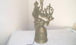 Very ornate brass wall mounted chapel bell. 16" tall overall, weights 6 lbs. Bell is 8" tall, 5" diameter. Made in China sticker. Very loud ring. Says Qui-Me-Tangit, Vocem-Meam-Aud.(latin) CALL 845-754-7233 CASH OR PAYPAL SHIPPING EXTRA.