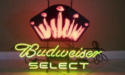 I have a like NEW, Budweiser Select Neon Beer Sign. The sign is in MINT condition and shines brightly in Red & yellow with no dull spots. It measures approx. 30" x 23" x 5". It features a pull string switch and a dimmer switch as well. This is a PERFECT