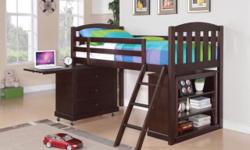 This twin bunk bed group includes a built-in ladder, a bookcase, and a small chest. The chest features caster wheels for easy movement in a youth room and a drop-down leaf that can be used as a writing surface when extended. With the easy movement of the