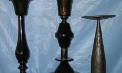 UNIQUE PAIR of OIL CANDLESTICKS. A real conversation piece. Hollow interiors with included wicks. Made in India and never used. Silver color metal (probably pewter). 10 1/2" tall. $15 the pair.
PILLAR CANDLE HOLDERS: (candles not included)
..Heavy gray