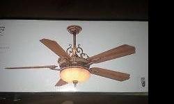 brand new in the box, hampton bays ceiling fan with an ornate light fixture. remote control or manual with 3 cool settings.