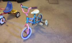 Child's bicycle has training wheels. Very nice condition. Tricycles also in excellent condition. One has parent's GUIDE HANDLE as shown. $50 for all three. Private party.