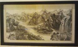 Beautiful Authentic Ink Watercolour with Gold borders on rice paper - purchased in Shanghai.
Framed dimensions: 65" wide x 35" high x 2Â¼" deep
Artwork unframed roughly: 56Â½ wide x 30" high
Framing alone was $500 !!!
Sturdy hanging hooks in rear to ensure