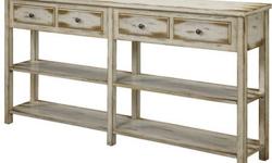 Antique white rub through finish, this console is simple, straight lines that offer a relaxed, comfortable feel. Plenty of open shelves for display place. Also has four drawers.
Dimensions: 34.5 inches high * 72 inches wide * 12 inches deep
Material: Wood