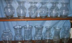 CLEAR GLASS VASES: all for $40 or individually as indicated. Some are classical and others unusual shapes.
Photo of larger vases: Bottom shelf taller 10" high... most are $4
Upper shelf. Left most 9"high. rightmost 8" high. Most are $3
Photo of smaller