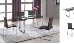 This Dining Set offers a contemporary approach in design with a slight classic flavor. Durable wooden construction gives this set its ultra modern exterior. The glass base renders an incomparable uniqueness. With the white wooden frame, each chair is