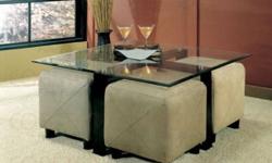 Product description:
Metal and glass occasional table features a beveled glass top and a black metal frame. You may buy the set or individual pieces.
Product dimensions:
Table: 40"L x 40"W x 20"H
Footstool: 18L 18W 18H