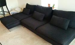 I am selling my comfortable couch/sofa as I am moving to another country.
The color is black and fabric is cloth.
Includes 6 (3 large and 3 small) cushions. Legs are made of metal.
Approx 2 years old. No damages, scratches or stains.
Size: 280cm x 150cm