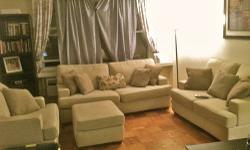 The set is a little less then a year old.
I'm moving to a smaller place so the set is too big for me to keep.
From a smoke free/pet free home.
The love seat and chair has hardly been used (literally 4-5 times)
Off white/ light beige color.
The sofa is L
