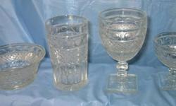 VINTAGE GLASSWARE: "Thumb print" Depression glassware. Set of four each tumblers. wine glasses with square base. dessert servers with square base. One small bowl. Take all for $25
NYC residents: please provide your telephone number to prevent email tag