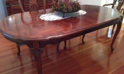 Dining room table and 6 chairs, oak w/cherry stain, Chairs are padded.
Includes table pad.
Excellent condition.
Asking $ 550
