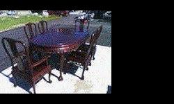 LOVELY CHERRY WOOD DINING ROOM TABLE SERVICE FOR 2 OR 6 HAS REMOVALBLE LEAFS, BALL AND CLAW LEGS , NICELY CARVED WITH DRAGONS, GOD'S ,ETC EXCELLENT CONDITION , VERY WELL BUILT. FREE DELIVERY AND SET UP LOCATED IN AMITY , NY $ 1500 B/O GET IT IN TIME FOR