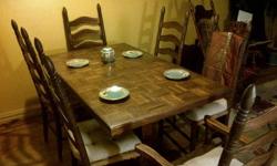 Oak Butcher Block Table ? 4?11? x 3?11? with one 18?+/- insert. Also 4 side chairs and 2 captain?s chairs.
The chair seats need work.
Butcher block offers a look that is elegant yet casual and environmentally friendly. Its soft surfaces mean that some