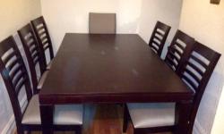I am selling this beautiful dining set. Dark tone rectangular table and 8 chairs. There are 6 side chairs and 2 arm rest chairs.
Table could use some touch up as the wood in some areas is chipping.
This dining set is modern and stylish with its