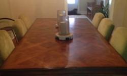 Mahogany dining room table in excellent condition.
Dimensions:
Table without leaf is 90" (seats 8)
Extends to 108" with leaf (seats 10)
45" wide
Upholstered side chairs -- Sage color
Originally purchased at Safaveigh
Cash only/ Pick-up evenings Rye, NY