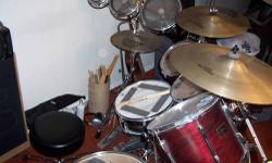 6 PIECE PEARL EXPORT SELECT, BURGUNDY DRUM SET
10 ", 12 ", 13",
14" snare drum, AND
16" FLOOR TOM, WITH A
22 " BASS DRUM
THRONE
DOUBLE BASS PEDAL
All Hardware
Lots of Cymbals along with SABIAN HI HATS with stand
roto toms with stand
cowbell with clamp