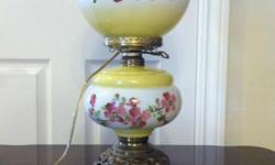 Excellent condition. Double globe hand painted flowers. Brass base