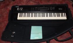 Heres a ENSONIQ KS-32 professional keyboard..Released in 1992 (for 2200.00) this is a 76 key professional synthesizer keyboard..they say:
The Ensoniq KS-32 is a velocity and pressure sensitive 76 key (32 voice, 24 channel multitimbral) synthesizer,