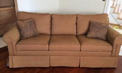 Barely used Ethan Allen sofa approximately 78 inches long. Superior leather and very comfortable. Seats 4 adults comfortably.
Featuring a dramatic S-shaped roll arm, curved back, and bun foot, the couch offers updated sophistication. Extra padding and