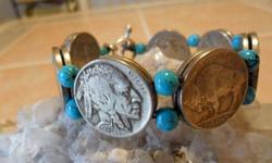 American Buffalo Nickel Indian Turquoise Bracelet has 7 coins in Front and has 7 inside Bracelet. Coins are Authentic and Dates in Front of Bracelet are 1934-P, 1935-P, 1936-P and 1937-P. and the inside dates are -1935-P, 1936-P and 1937-P. The coins are
