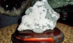 Exceptional and Beautiful Barite on Crystal-Light Grey/White Crystals on a Wooden Base with forms of Off-White Barite and Black Dolomite Crystals Dots on the front. Measurements 4? tall, 5 1/2 ? wide and 1 3/4? thick . On a beautiful brown wooden base 6