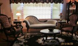 Pristine condition Victorian Living room, includes ivory brocade fainting couch, salmon brocade Lincoln Rocker, salmon brocade ladies side chair all carved mahogany,3 marble top carved mahogany tables (rect. and oval end, oval cocktail, 6x12' floral rug