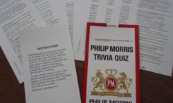 BE THE ONE AND ONLY of EVERYONE YOU KNOW TO HAVE THIS!!!!!
This is EXTREMELY RARE and TOTALLY UNIQUE!
This is a one of a kind Philip Morris Trivia Quiz Game (1985).
It was used at special functions and programs such as bar night. Trivia questions would be
