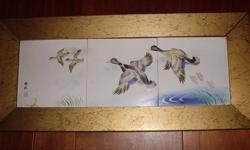 FINE CHINESE PAINTED CERAMIC ART
VERTICAL DUCKS PAINTED ON 6 CERAMIC TILES FRAMED AND SIGNED BY ARTIST
CONDITION: THERE IS A VERY FINE CRACK ON THE TOP LEFT CORNER TILE. IT LOOK LIKE THEY ARE PRETTY OLD. I HAVE OWNED THIS FOR 60 YEARS SO IT IS AT LEAST