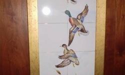 FINE CHINESE PAINTED CERAMIC ART
HORIZONTAL DUCKS PAINTED ON 3 CERAMIC TILES FRAMED AND SIGNED BY ARTIST
CONDITION: IT LOOKS LIKE IT IS PRETTY OLD. I HAVE OWNED THIS FOR 60 YEARS SO IT IS AT LEAST THAT OLD. VERY GOOD CONDITION.
OVERALL SIZE: 21 Â¾? X 9 Â¾?