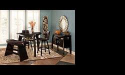 Forrest 4pc Bar Height Dining Set (by owner) is Brand new. Paid $1000 total and have the receipts to prove this and the date of purchase as well. The set includes a chocolate brown wood leaf shaped table, two swivel bar stools, and a bench that sits up to