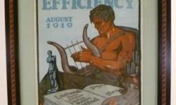 For sale a framed magazine cover from 1919 called Personal Efficiency in a new black frame with a lighter wood zigzag design. The magazine cover shows a shirtless man playing a lyre surrounded by the attributes of painting, sculpture and literature. The