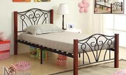 Size Stand Alone Platform Bed with Cherry Finish Solid Wood Posts. Features Black Metal Trellis Design and Bent-Wood Slats. Measures 57" x 77" x 41" High. Complete with 10 1/2" Thick Foam Encased 5 Year Warranty Pillow Top Mattress. All Brand New in