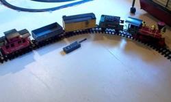 G-gauge train set with wireless remote control and sound. includes steam engine, coal tender, boxcar, carrying car, and caboose and tracks. Works great! No emails.