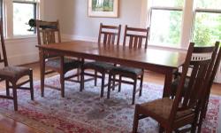 HARVEY ELLIS MISSION (CHERRY WOOD)
Genuine Stickley
Manufactured late 1990's
Age appropriate wear.
Table top and arms of armchairs were refinished by Stickley in Aug 2013.
Chairs have some very minor nicks where they were pushed up against the table but