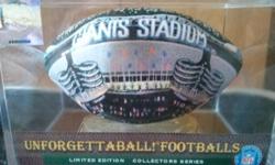Limited Edition Collectors Series Unforgettaball Giants Stadium Football.
Officially licensed NFL product.
Football has never been outside of plastic case.
Case is 6-5/8" W x 4-5/8" D x 4-5/8" H.
Design wraps entirely around the football and shows stadium