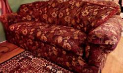 GORGEOUS "Rowe" Burgundy Floral Brocade Tapestry, Deep, Plush, 2 Cushion Sofa, with (2) Large Matching Accent Fringed Throw Pillows.
Measurements, Approximate: 80" Long X 40" Deep X 36" High at the highest center point.
Burgundy Base Color, with Gold,
