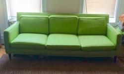 Amazing apple green vintage mid-century couch / sofa. All cushions have removable (zipper) covers for easy cleaning. In very good vintage condition. Middle beam of couch looks like it has been repaired once (was like this when I bought it), but I added 2